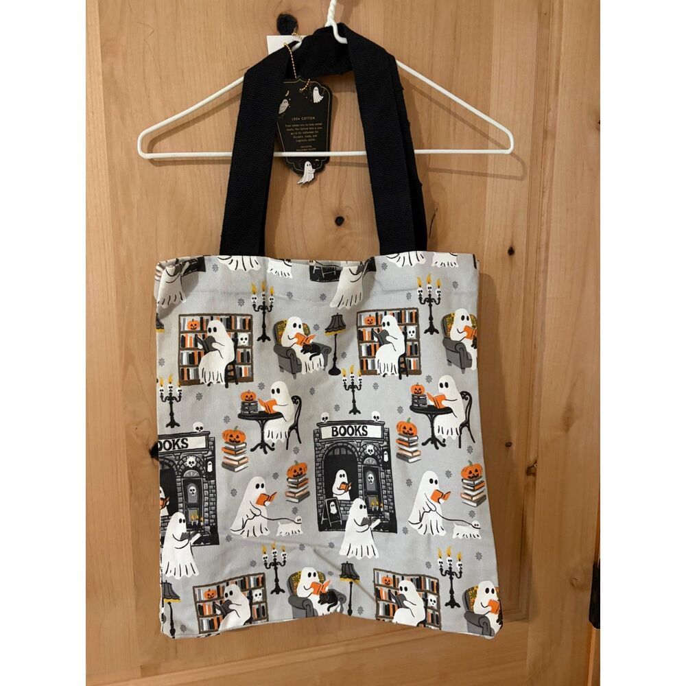 Bookish Ghosts Reading in Library 100% Cotton Canvas Tote Bag Halloween NWT